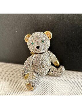 Pavé Rhinestone Articulated Teddy Bear Pin Pendant Gold Tone Green Eyes 1980s